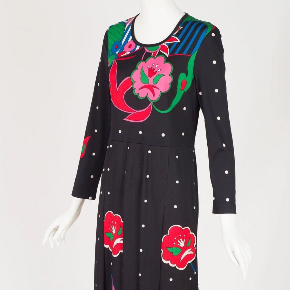 Via Appia 1970s Vintage Italian Pop Art Print Black Jersey Maxi Dress